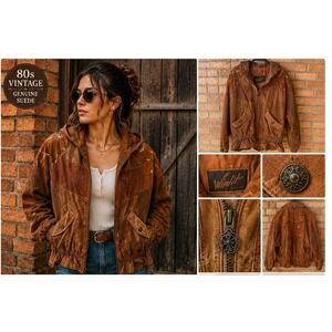 Winit Suede Bomber Jacket Womens Large Brown Vintage 80s Patchwork Hooded Coat